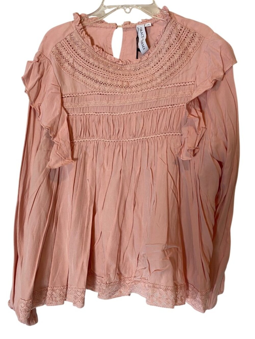 NWT Grace + Karma Pink Peasant Top Ruffle Keyhole Back Crochet Detail Medium